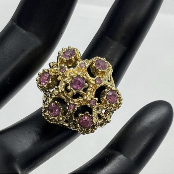 Vintage 18kt Gold Plated HGE Ruby Cluster Cocktail Ring Size 8 - Picture 7 of 10